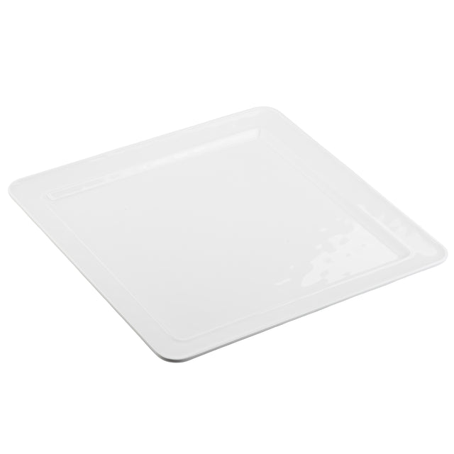 A plain, glossy white melamine square plate with raised edges. The plate is empty and set against a white background, photographed at a slight angle to show depth and a subtle shadow.