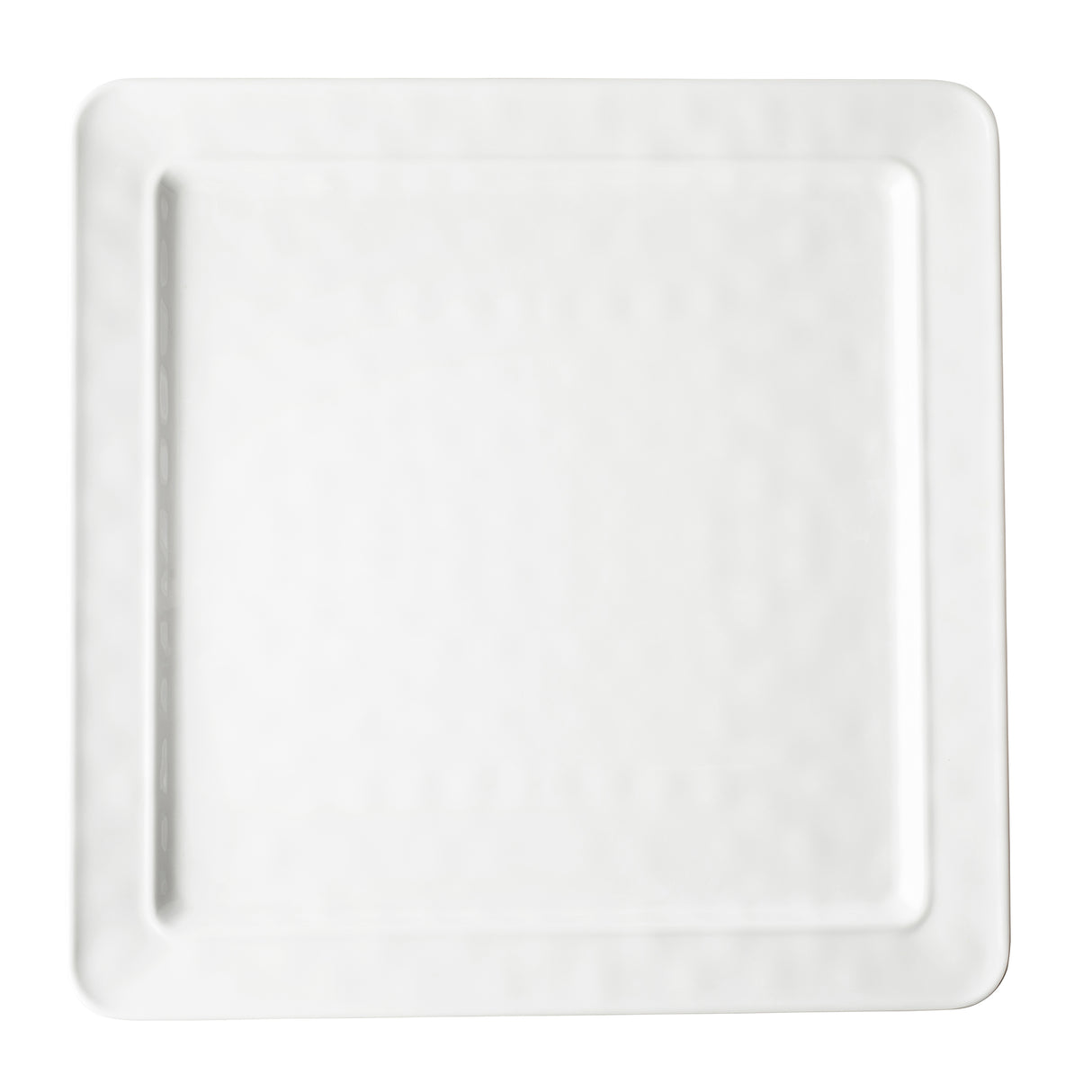 A plain white melamine square plate with a slightly raised edge and a smooth, glossy surface. The empty TableCraft serving platter sits on a white background, emphasizing its clean and simple design.