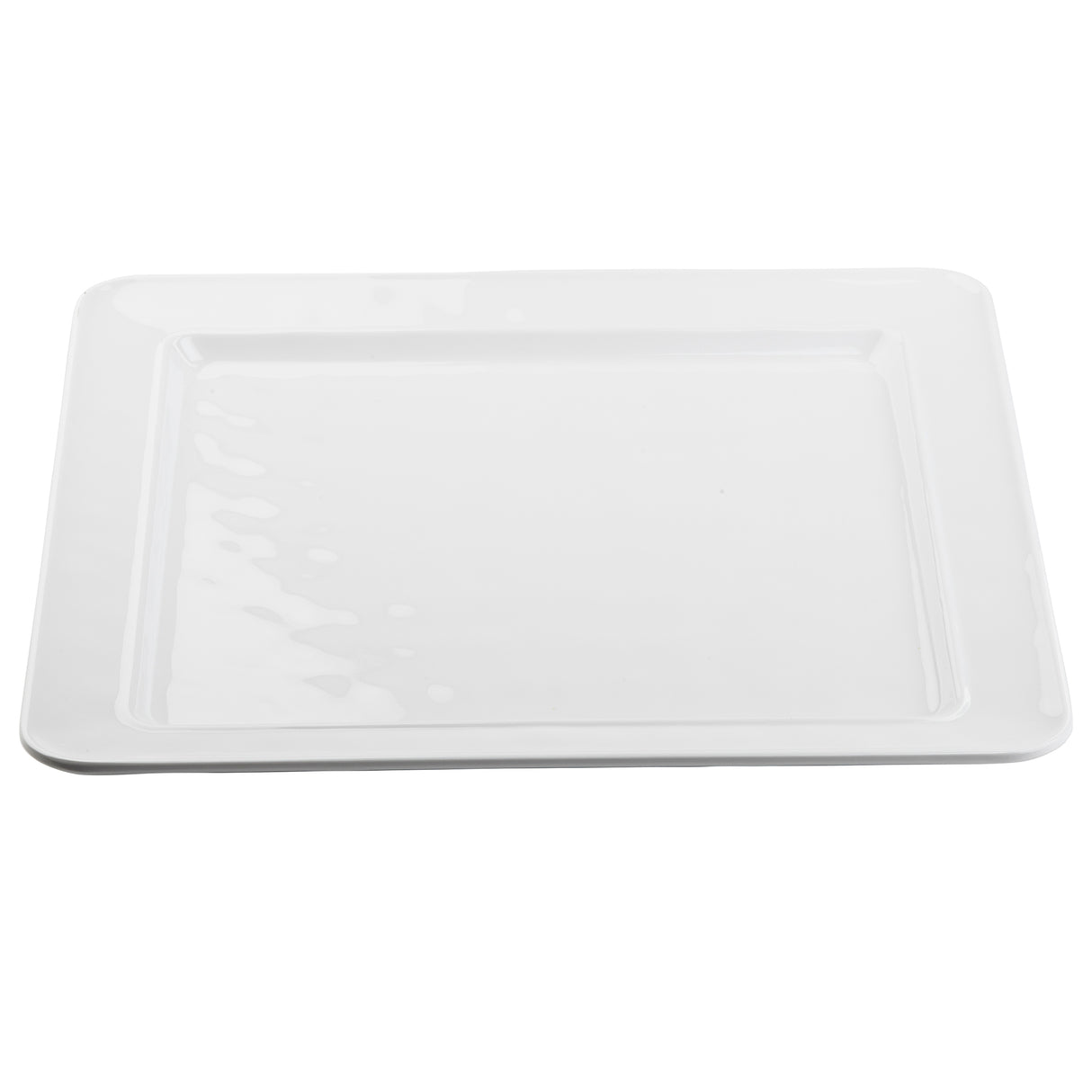 A plain, rectangular white TableCraft serving platter with slightly raised edges. The plate has a glossy finish that reflects light, and the all-white background highlights its clean and simple design.