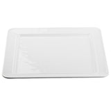 A plain, rectangular white TableCraft serving platter with slightly raised edges. The plate has a glossy finish that reflects light, and the all-white background highlights its clean and simple design.