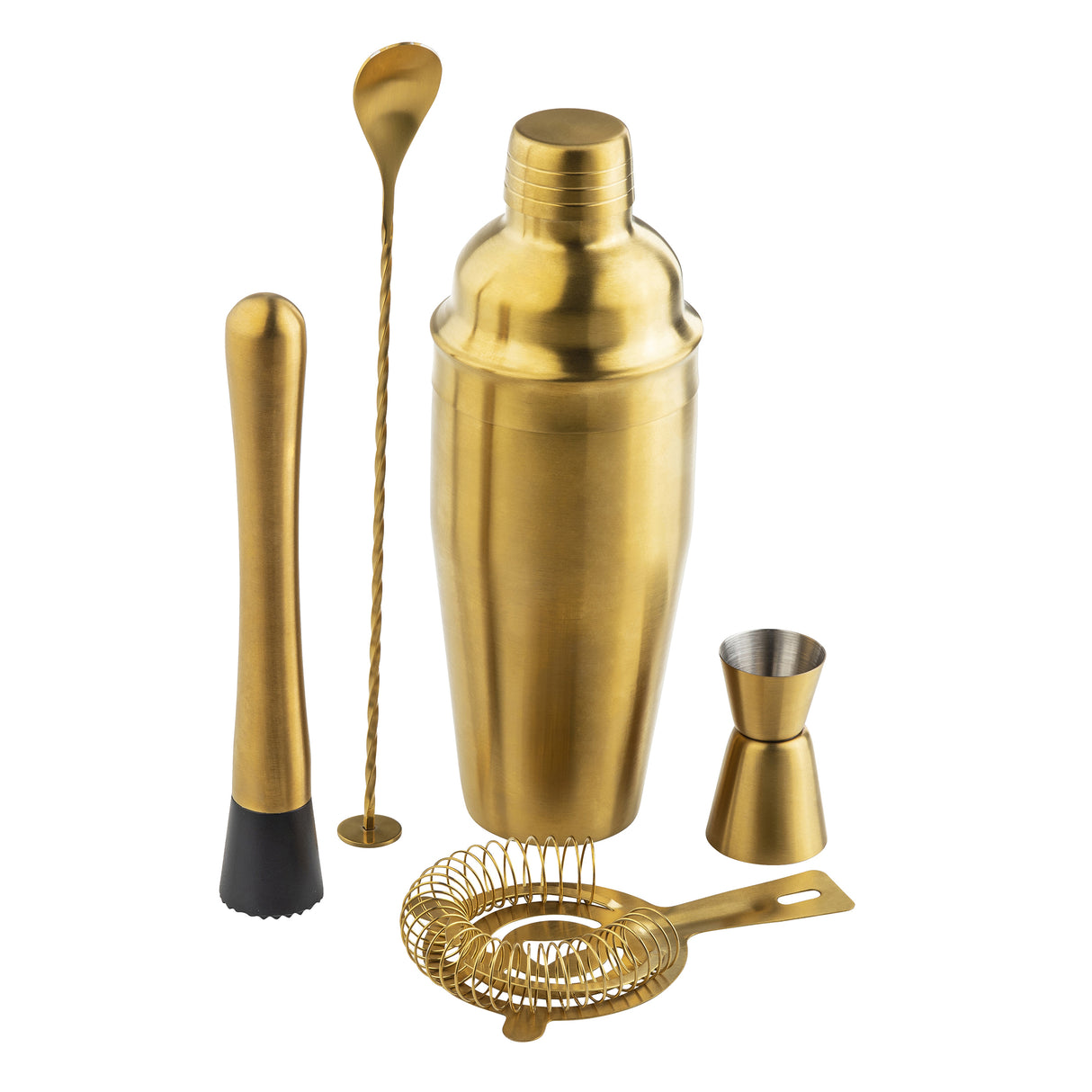 A gold-colored stainless steel bar kit featuring five essential tools: a cocktail shaker, a muddler with a black tip, a twisted mixing spoon, a double jigger, and a wire cocktail strainer—all standing upright on a white background.