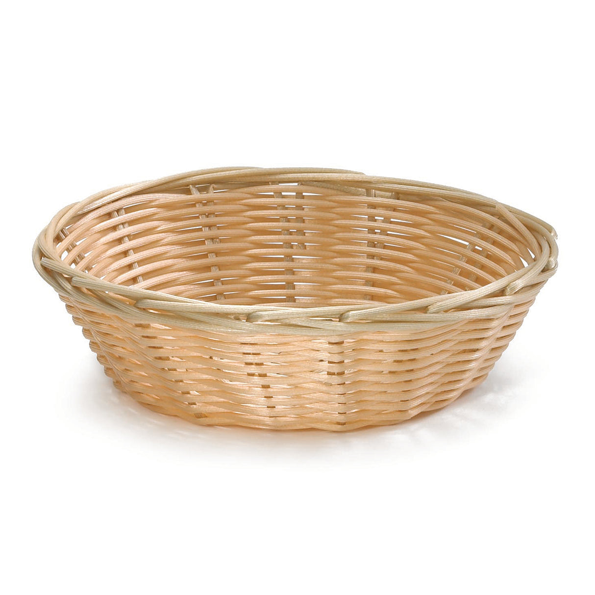 A shallow, round hand-woven basket made of light-colored natural materials. The basket features a simple, open-weave pattern with a slightly raised rim and sits on a white background.