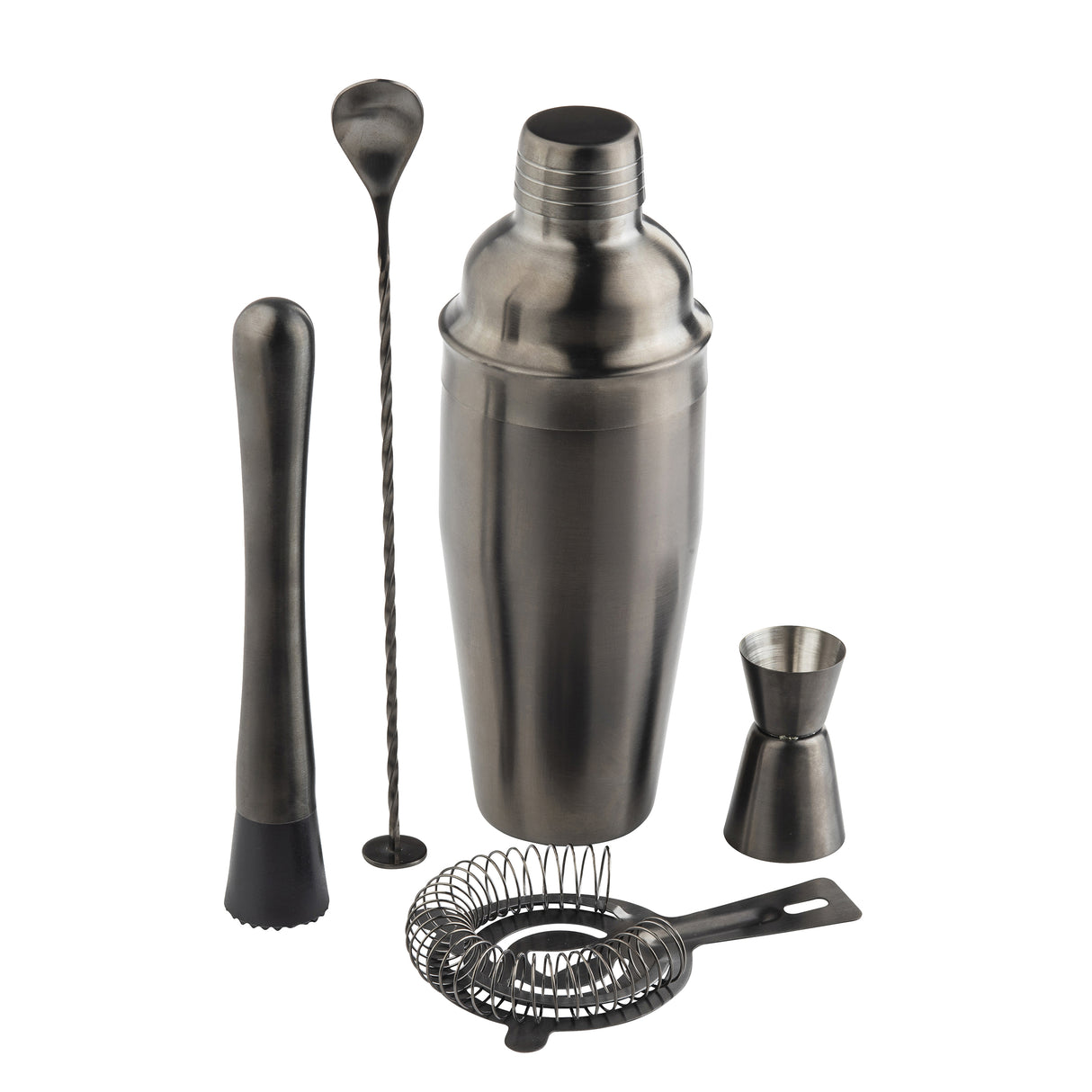 This stainless steel bar kit features a cocktail shaker, muddler, twisted mixing spoon, jigger, and strainer, all arranged upright and neatly on a white background.