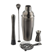 This stainless steel bar kit features a cocktail shaker, muddler, twisted mixing spoon, jigger, and strainer, all arranged upright and neatly on a white background.