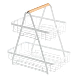 A two-tier display basket crafted from powder coated steel with a rectangular shape, slanted sides, and a wooden handle. The open baskets are spacious and perfect for displaying items. The minimal, modern design suits any space.