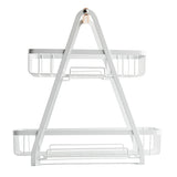 A white, two tier display basket organizer crafted from powder coated steel with an A-frame design. Each tier has basket-style sides for storage, plus a top ring for hanging. It stands on four small feet and is empty.