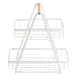 A two-tier display basket stand made from powder coated steel, shaped like an A-frame with rectangular baskets on each tier and a wooden handle for carrying. Its minimalist design is both functional and stylish, perfect for organizing or displaying items.