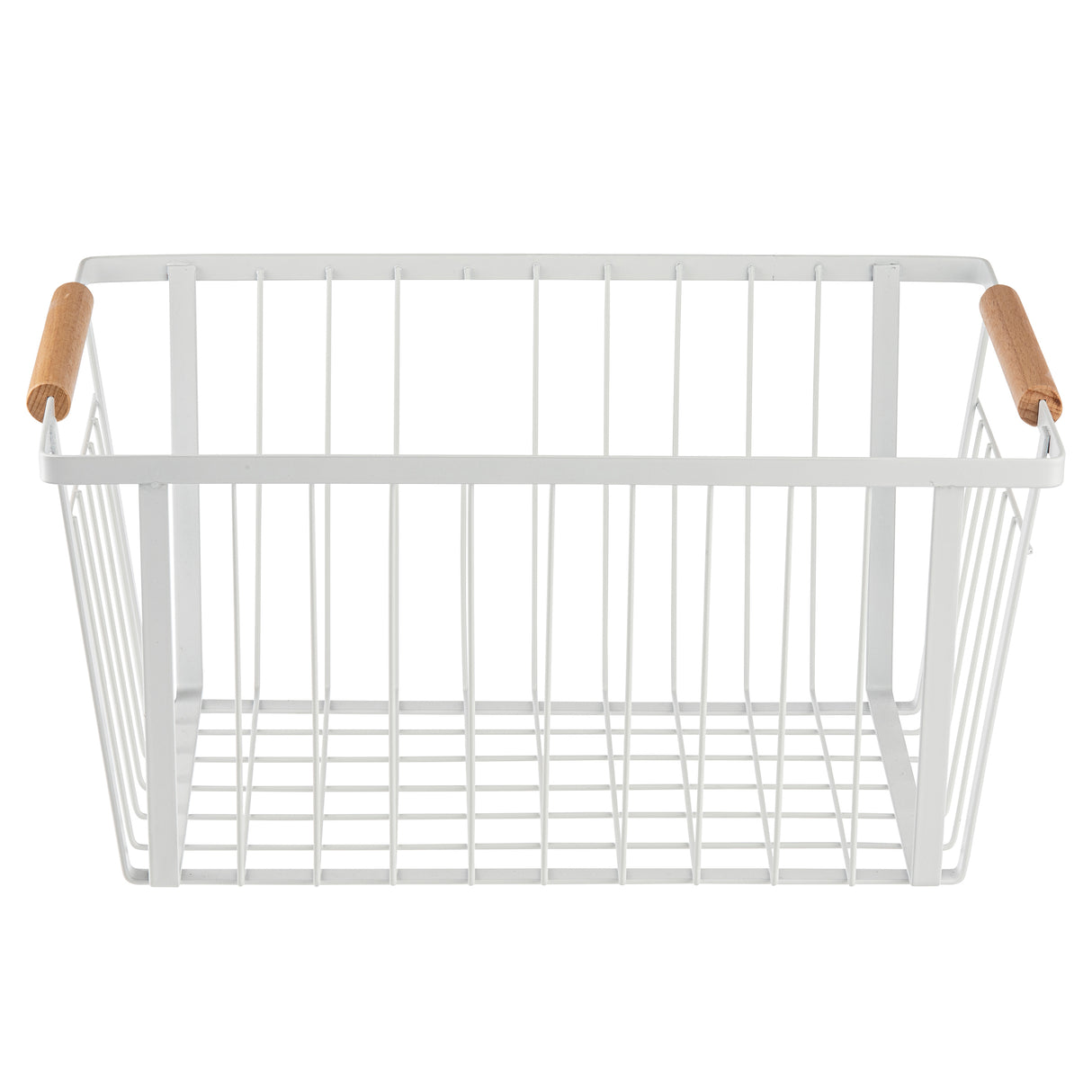 A minimalist rectangular storage basket made of powder coated steel with open sides and base, featuring two light wooden handles. The basket is empty and sits on a white background.