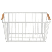 A minimalist rectangular storage basket made of powder coated steel with open sides and base, featuring two light wooden handles. The basket is empty and sits on a white background.