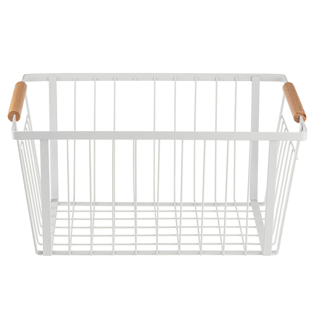 A minimalist rectangular storage basket made of powder coated steel with open sides and base, featuring two light wooden handles. The basket is empty and sits on a white background.