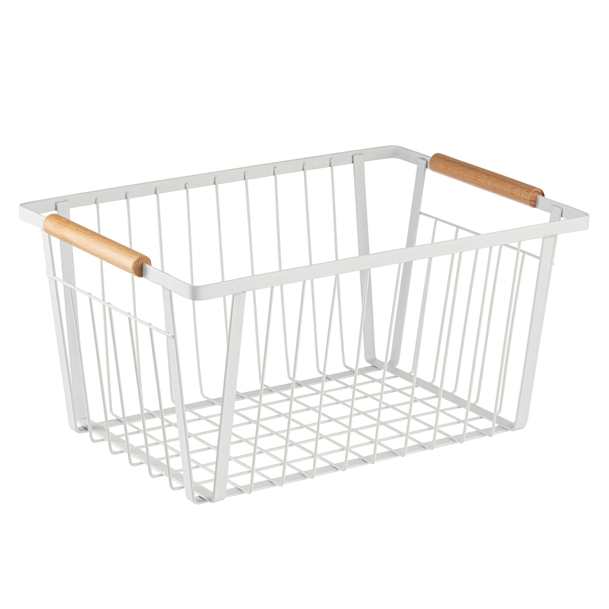 A white powder coated steel storage basket with an open grid design and two wooden handles attached to the top edges. The empty basket is set against a plain white background.