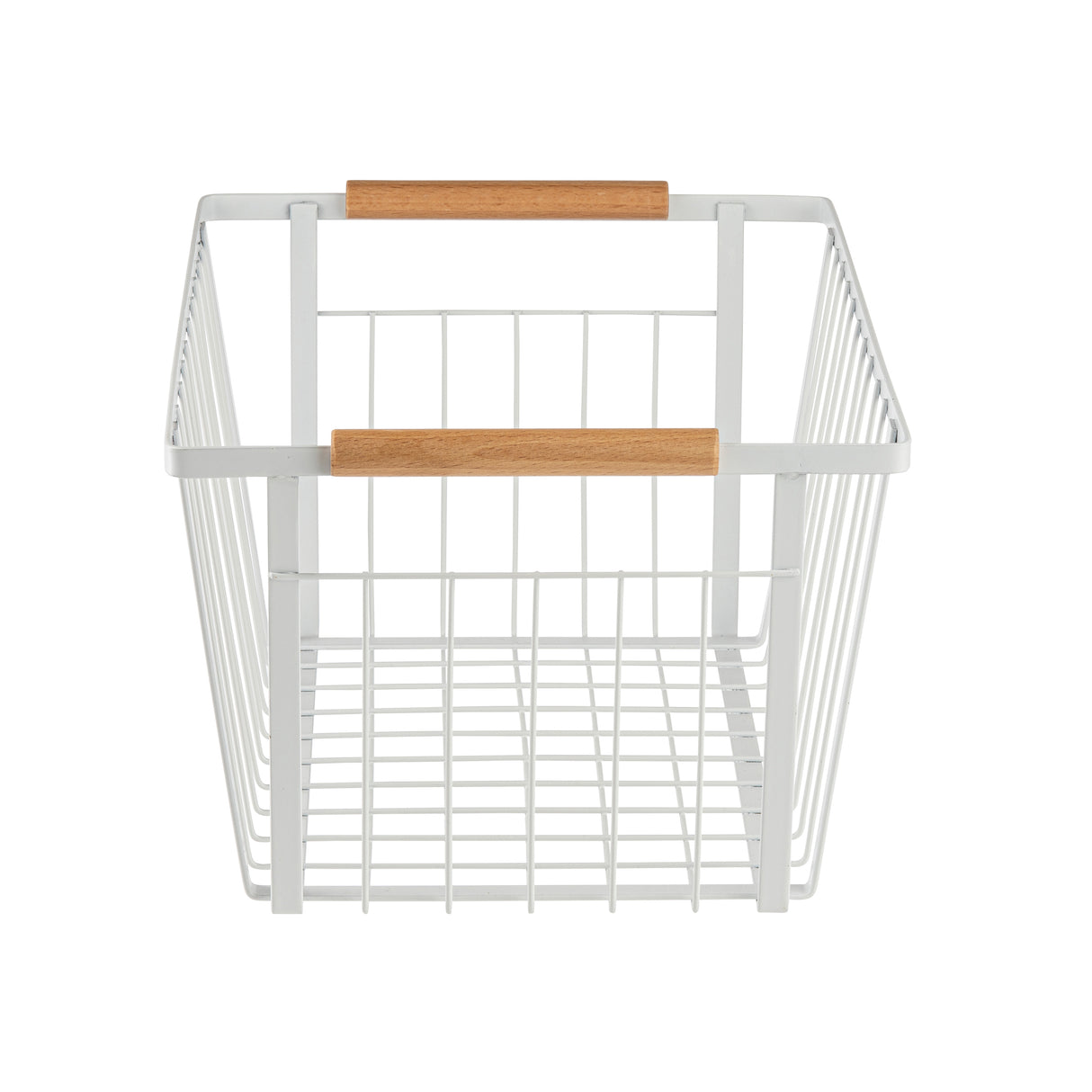 A white powder coated steel storage basket with two light wooden handles, shown from the front. The basket is rectangular with a grid pattern base and open vertical wires on the sides. Its simple, modern design stands out against the plain white background.