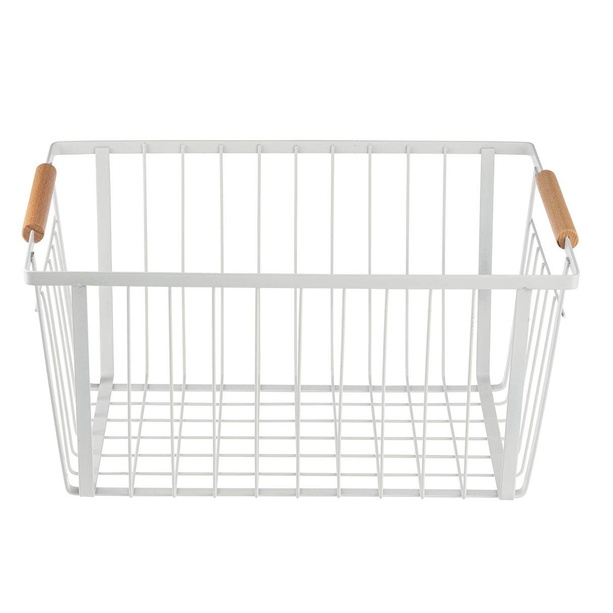 A rectangular white Storage Basket made from powder coated steel with vertical and horizontal bars, featuring two light wooden handles on opposite sides. The basket is empty and photographed against a plain white background.