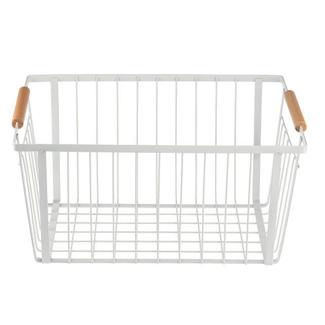 A rectangular white Storage Basket made from powder coated steel with vertical and horizontal bars, featuring two light wooden handles on opposite sides. The basket is empty and photographed against a plain white background.
