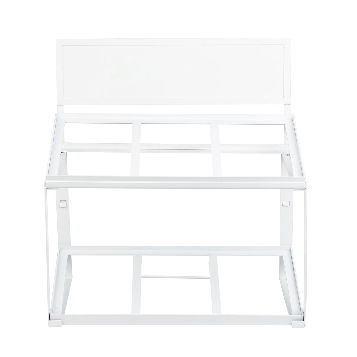 A white, powder coated steel rectangular chair or bench frame is shown facing forward. The frame has an open, grid-like seat and backrest area, with no seat cushion or panels attached. The design is minimal and geometric, with clean, straight lines.
