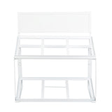 A white, powder coated steel rectangular chair or bench frame is shown facing forward. The frame has an open, grid-like seat and backrest area, with no seat cushion or panels attached. The design is minimal and geometric, with clean, straight lines.