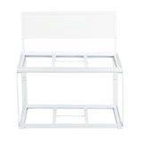 A white, powder coated steel rectangular frame bench with a wide backrest and open grid seat and base. The minimal design lacks visible cushioning or panels, making it appear ready for additional assembly or to hold other components.