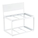 A white, rectangular powder coated steel frame with a high back panel and open sides. Minimalist and modern, it features crossbars on top and bottom, suggesting a support frame or unfinished bench—ideal for supporting tiered frames or gastronorm wood crates.