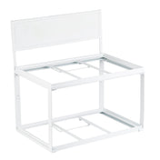 A white, rectangular powder coated steel frame with a high back panel and open sides. Minimalist and modern, it features crossbars on top and bottom, suggesting a support frame or unfinished bench—ideal for supporting tiered frames or gastronorm wood crates.