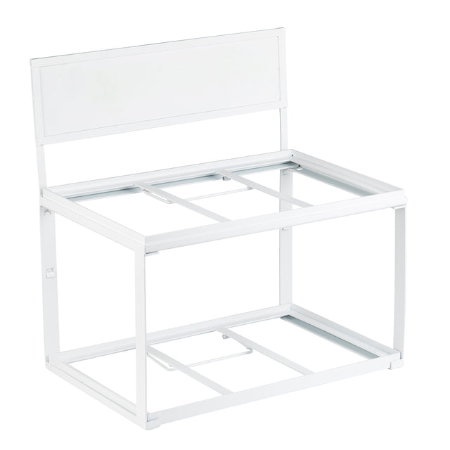 A white, rectangular powder coated steel frame with a high back panel and open sides. Minimalist and modern, it features crossbars on top and bottom, suggesting a support frame or unfinished bench—ideal for supporting tiered frames or gastronorm wood crates.