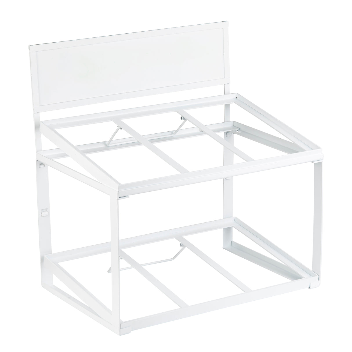 A white powder coated steel frame display rack with a rectangular back panel and two open shelves. The minimalist tiered frame features visible support bars, perfect for holding or showcasing items. The top panel appears blank for labeling.