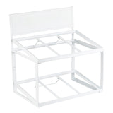 A white powder coated steel frame display rack with a rectangular back panel and two open shelves. The minimalist tiered frame features visible support bars, perfect for holding or showcasing items. The top panel appears blank for labeling.
