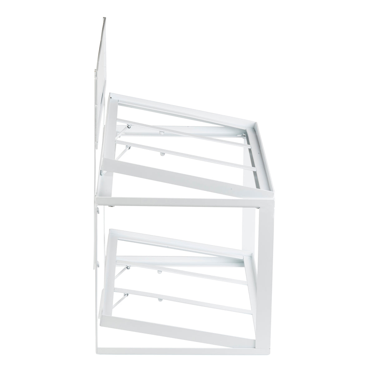 Side view of a white, powder coated steel furniture piece with a slanted, tiered frame. Each level has angled support bars, and the open design suggests it could be a magazine rack or display shelf. The background is plain white.