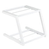 A white, powder coated steel, Z-shaped stand with rectangular frame supports. Its two parallel bases are connected by a diagonal middle bar, creating an open geometric design—ideal for supporting equipment or grab and go frame crates.