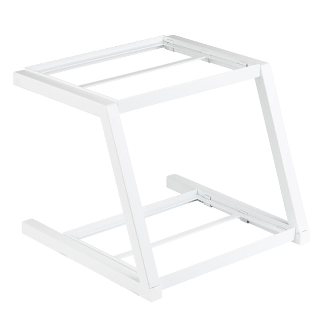 A white, powder coated steel, Z-shaped stand with rectangular frame supports. Its two parallel bases are connected by a diagonal middle bar, creating an open geometric design—ideal for supporting equipment or grab and go frame crates.