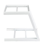 A white powder coated steel frame shaped in a modern, angular “Z” design, photographed from the side on a plain white background. The grab and go frame features two horizontal platforms and a diagonal support connecting the top and bottom sections.