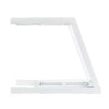 A white, modern, Z-shaped laptop stand made from powder coated steel is shown from the side against a plain white background. The angled design supports ergonomic use, while its minimalistic structure ensures sturdy, clean lines with no visible decorations.