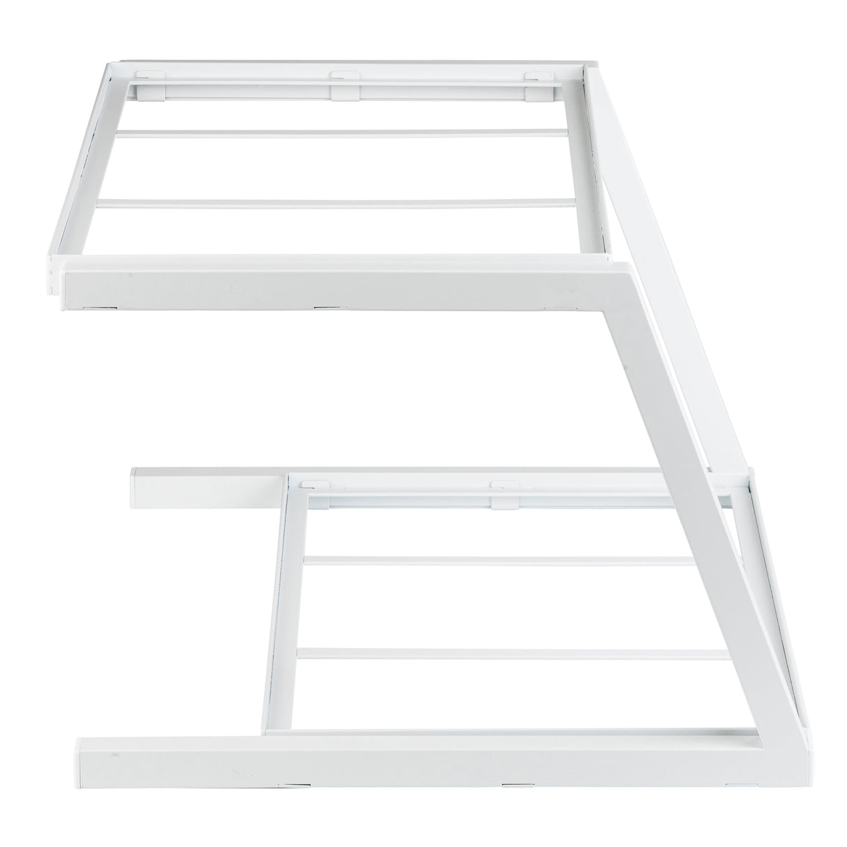 A side view of a white powder coated steel bunk bed frame with a slanted design; the top and bottom bunks are parallel, connected by an angled support beam, and both have horizontal slats for mattress support. No mattresses or bedding are visible.