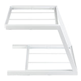 A side view of a white powder coated steel bunk bed frame with a slanted design; the top and bottom bunks are parallel, connected by an angled support beam, and both have horizontal slats for mattress support. No mattresses or bedding are visible.