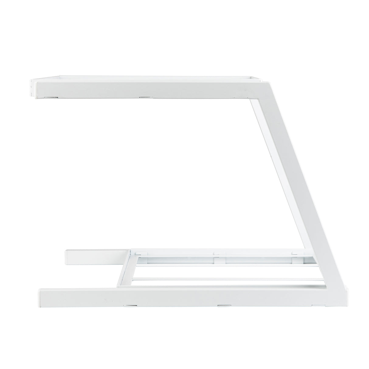 A white, minimalist powder coated steel stand with a geometric, angular Z-shaped design shown in profile against a plain white background. The structure has a flat top and sturdy base, ideal for supporting objects like a laptop or Grab & Go Frame.