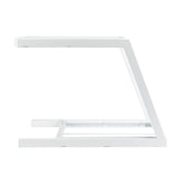 A white, minimalist powder coated steel stand with a geometric, angular Z-shaped design shown in profile against a plain white background. The structure has a flat top and sturdy base, ideal for supporting objects like a laptop or Grab & Go Frame.