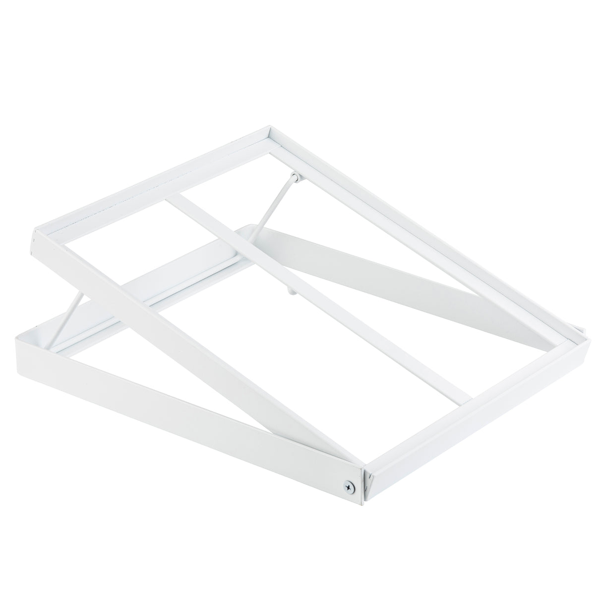 A white, powder coated steel adjustable stand with a rectangular tiered frame and two diagonal support bars, designed to hold objects at an angle. The stand is photographed on a plain white background.