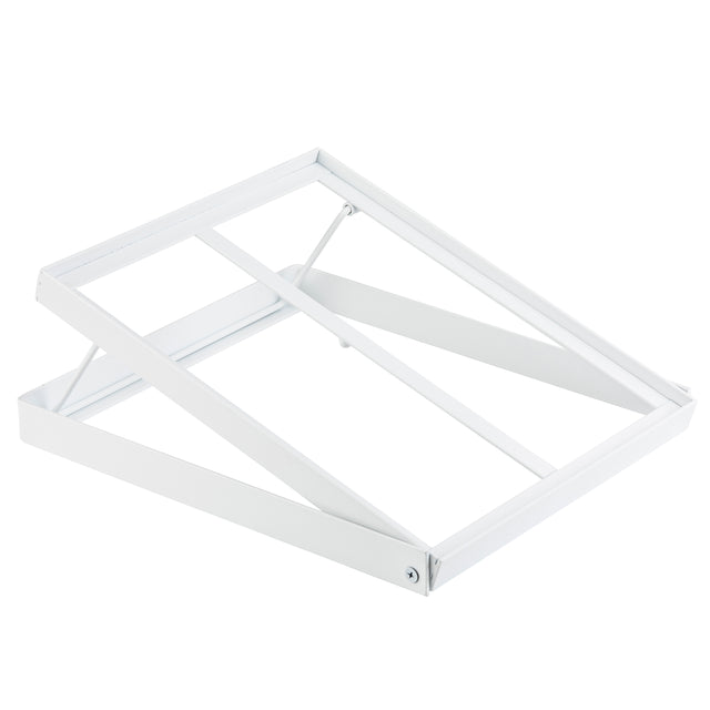A white, powder coated steel adjustable stand with a rectangular tiered frame and two diagonal support bars, designed to hold objects at an angle. The stand is photographed on a plain white background.