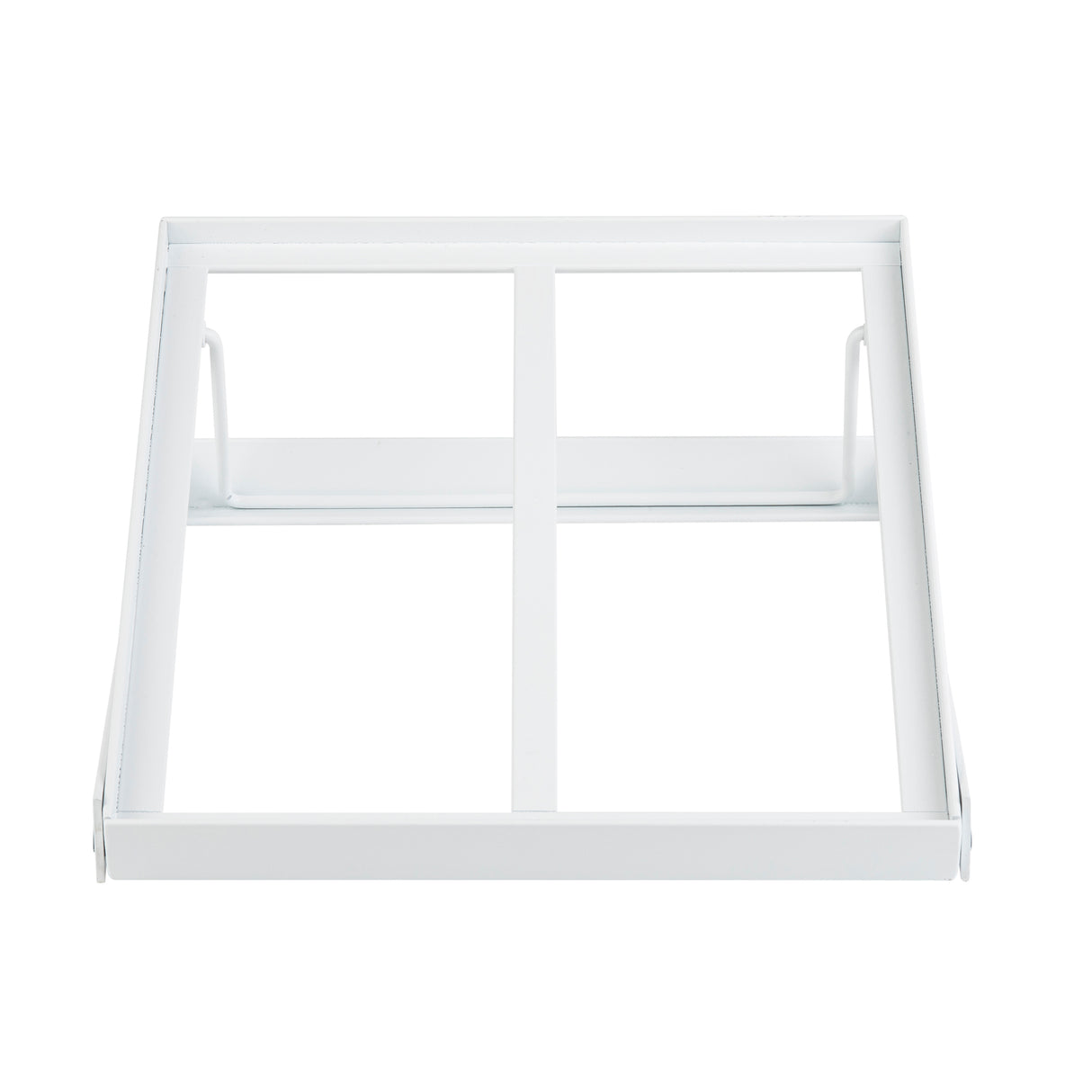 A white, rectangular powder coated steel frame with a cross-shaped support in the center, open on top and sides, viewed from the front against a plain white background. Two angled side brackets are attached to the left and right edges.