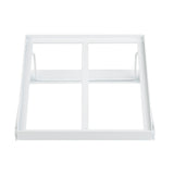 A white, rectangular powder coated steel frame with a cross-shaped support in the center, open on top and sides, viewed from the front against a plain white background. Two angled side brackets are attached to the left and right edges.