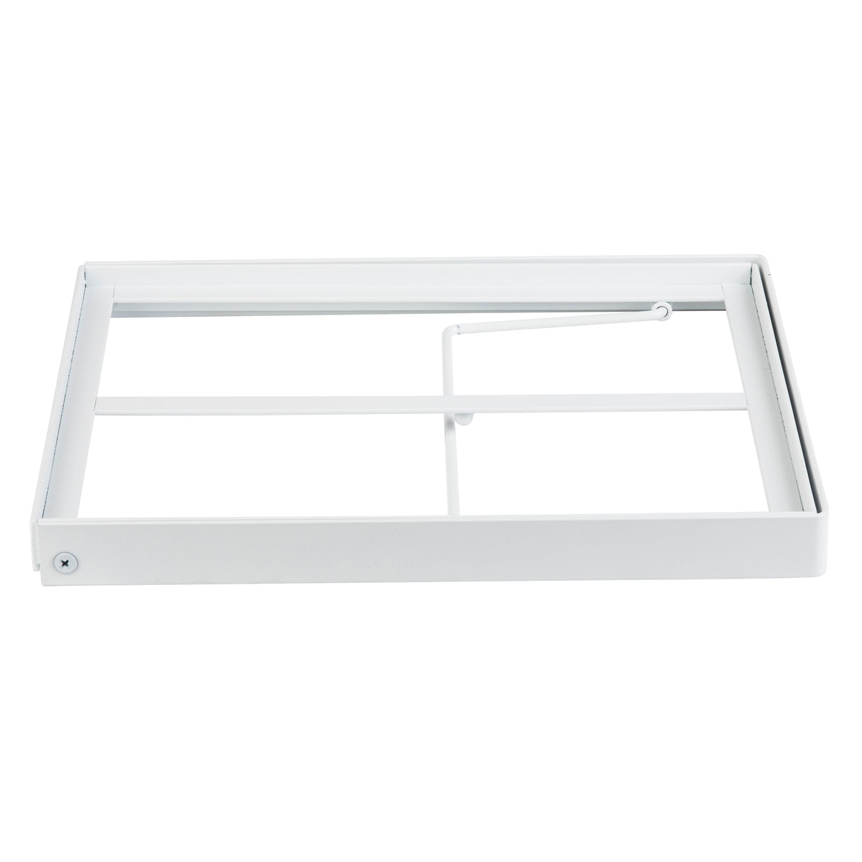 A rectangular white powder coated steel frame with an open center, horizontal and vertical bars crossing inside, and a hinged support bar attached to one side. The frame is set against a plain white background.
