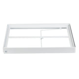 A rectangular white powder coated steel frame with an open center, horizontal and vertical bars crossing inside, and a hinged support bar attached to one side. The frame is set against a plain white background.