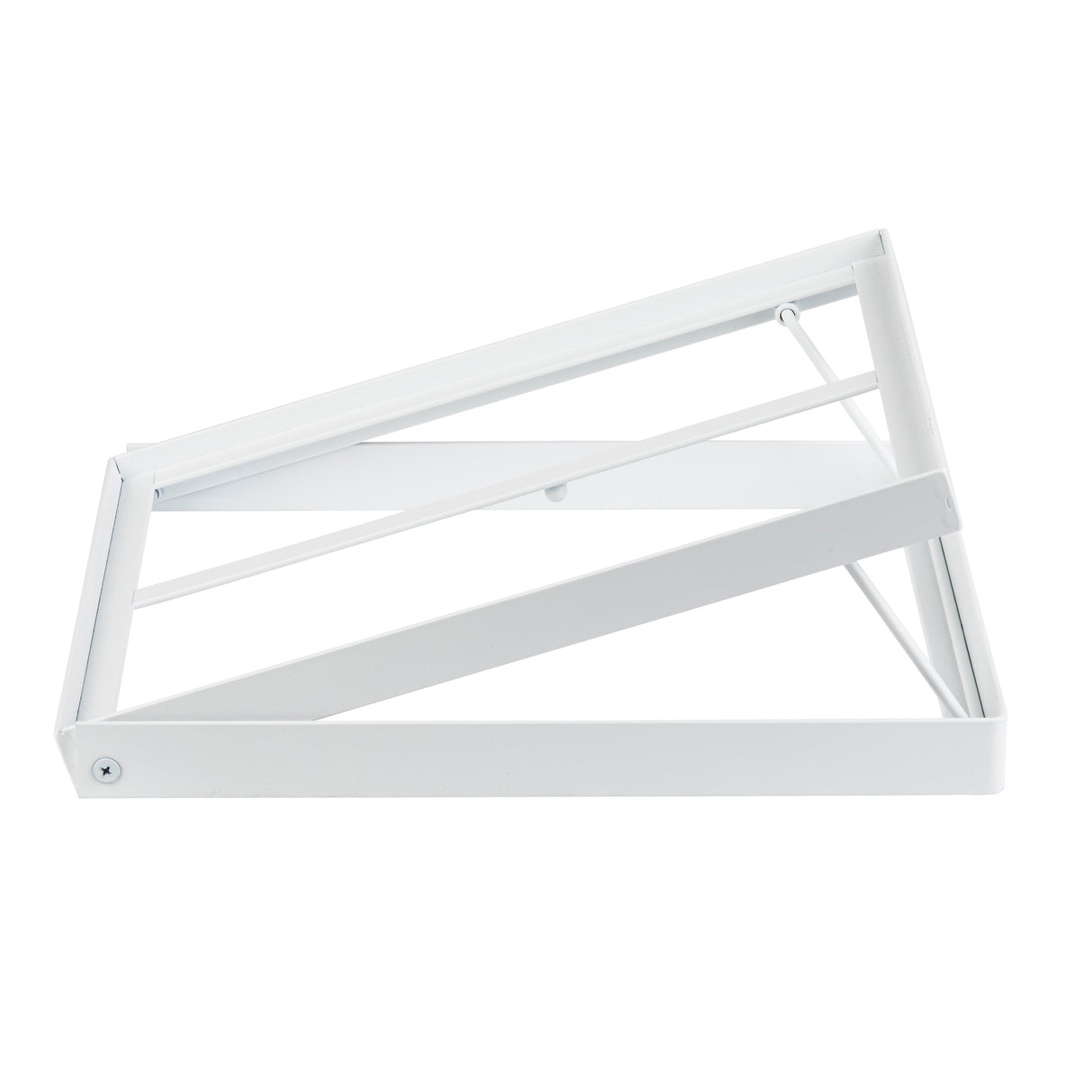 A white powder coated steel folding bracket is shown side-on against a plain white background. The bracket has a triangular shape with two diagonal supports and a hinge at the left end, designed for mounting on a wall to hold a shelf or surface.