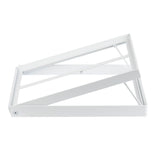 A white powder coated steel folding bracket is shown side-on against a plain white background. The bracket has a triangular shape with two diagonal supports and a hinge at the left end, designed for mounting on a wall to hold a shelf or surface.