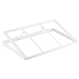 A white powder coated steel frame stand with an angled, open design features three horizontal bars and two angled side supports, ideal as a support rack for holding boards, panels, or even gastronorm wood half-size crates. Set against a plain white background.