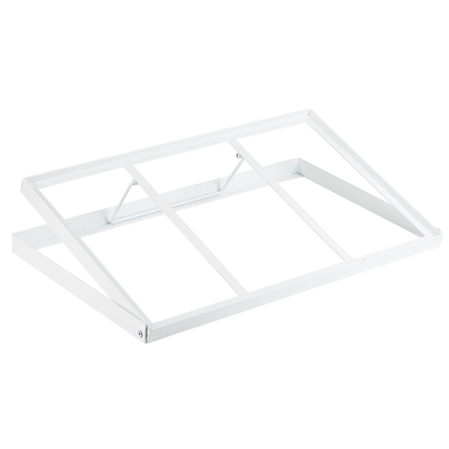 A white powder coated steel frame stand with an angled, open design features three horizontal bars and two angled side supports, ideal as a support rack for holding boards, panels, or even gastronorm wood half-size crates. Set against a plain white background.
