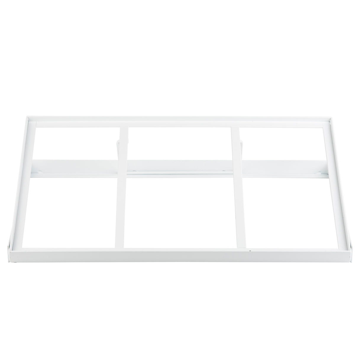 A white, rectangular powder coated steel frame with three internal vertical dividers and one horizontal support in the middle, viewed from above on a white background. This sturdy, minimalist tiered frame is ideal for organizing gastronorm wood half-size crates.