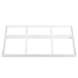 A white, rectangular powder coated steel frame with three internal vertical dividers and one horizontal support in the middle, viewed from above on a white background. This sturdy, minimalist tiered frame is ideal for organizing gastronorm wood half-size crates.