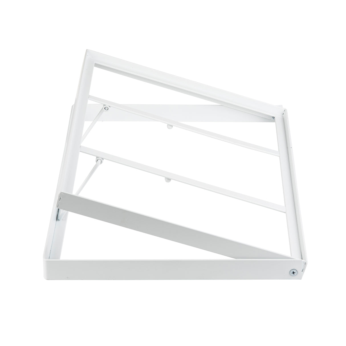 A white, powder coated steel folding bracket with angled supports and a rectangular frame, shown partially extended on a plain white background. It appears designed for mounting or supporting shelves or tiered frames.