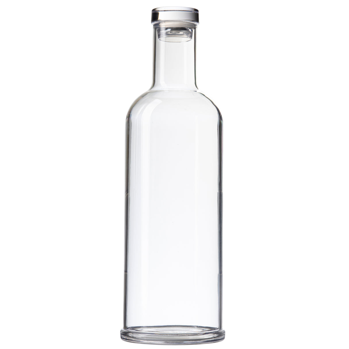 A clear, empty glass carafe with straight sides, a narrow neck, and a flat base. This 34 oz. TableCraft bottle has a cylindrical shape, is topped with a silver or metallic cap, and sits against a plain white background.