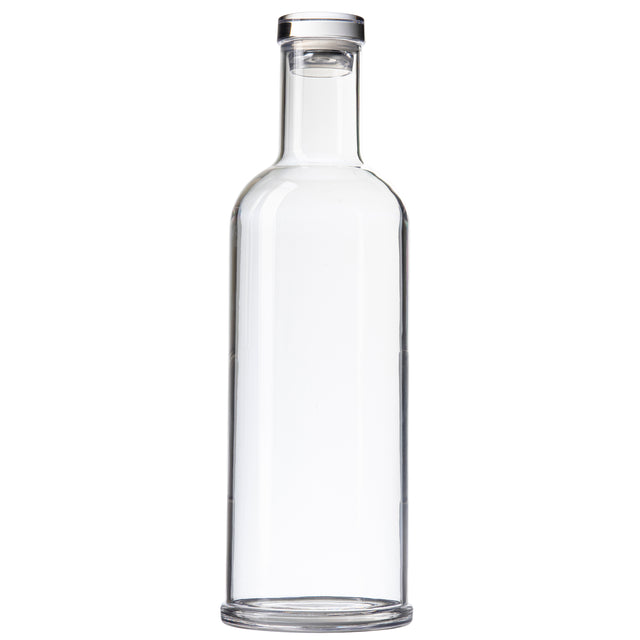 A clear, empty glass carafe with straight sides, a narrow neck, and a flat base. This 34 oz. TableCraft bottle has a cylindrical shape, is topped with a silver or metallic cap, and sits against a plain white background.